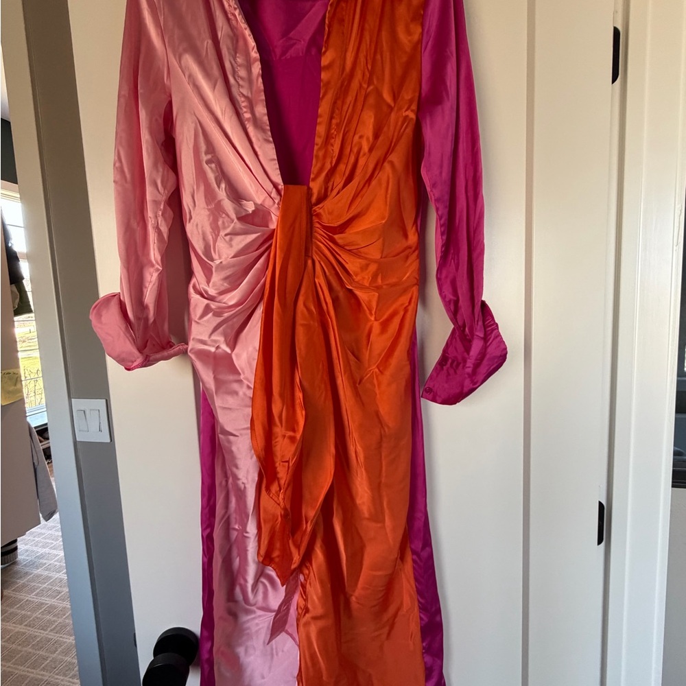 Colorblock Pink & Orange Midi Dress - Unbranded